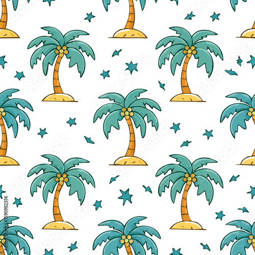 Coconut Palm Vector Illustration with Seamless Pattern Design