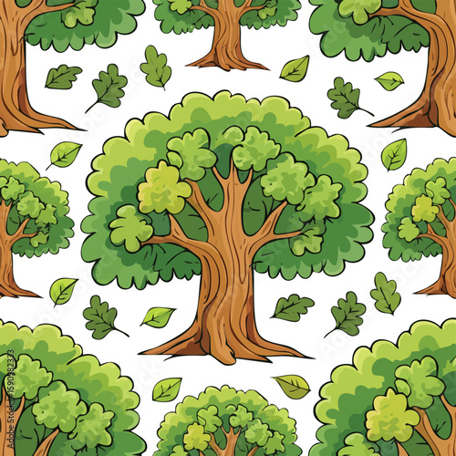 Oak Tree Vector Illustration with Seamless Pattern Design