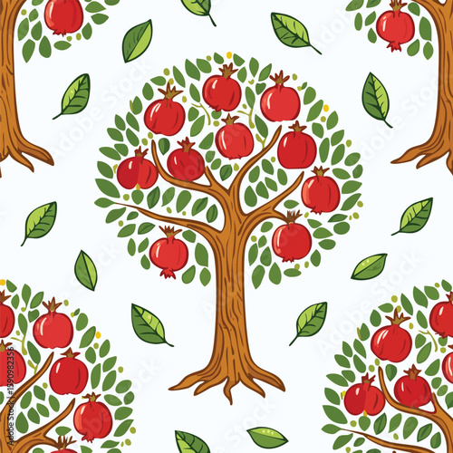 Pomegranate Tree Vector Illustration with Seamless Pattern Design