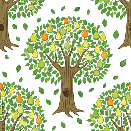 Pear Tree Vector Illustration with Seamless Pattern Design