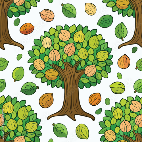 Walnut Tree Vector Illustration with Seamless Pattern Design
