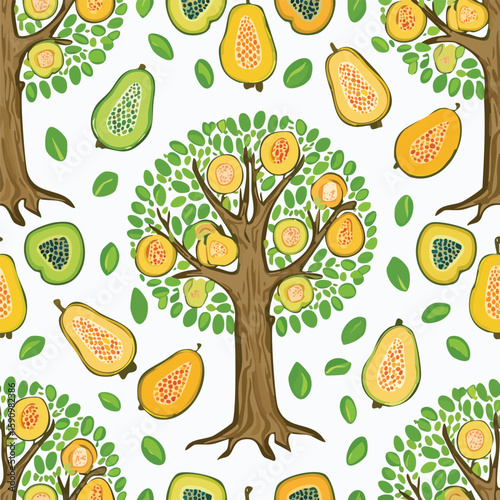 Jackfruit Tree Vector Illustration with Seamless Pattern Design