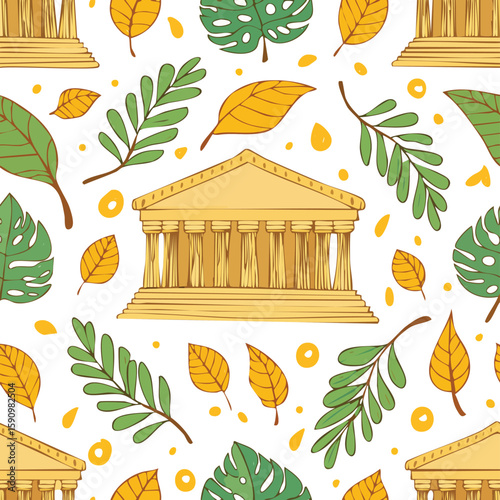 Acropolis of Athens, Athens, Greece Vector Illustration with Seamless Pattern Design