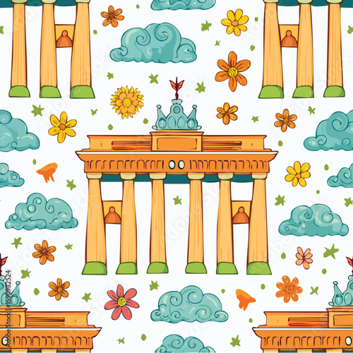 Brandenburg Gate, Berlin, Germany Vector Illustration with Seamless Pattern Design