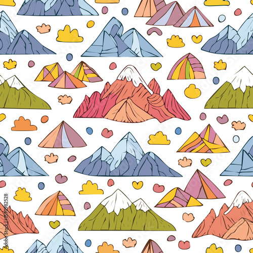 Mount Everest, Khumbu, Nepal Vector Illustration with Seamless Pattern Design