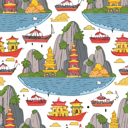 Ha Long Bay, Quang Ninh, Vietnam Vector Illustration with Seamless Pattern Design
