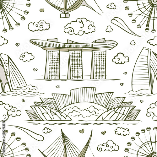 Marina Bay Sands, Singapore, Singapore Vector Illustration with Seamless Pattern Design