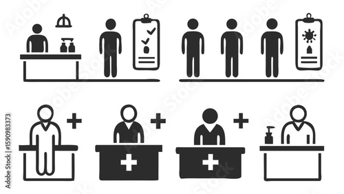 Visual Guide to Hospital or Clinic Processes Illustrating Patient Reception, Queueing, Medical Consultation, and Specialized Treatment