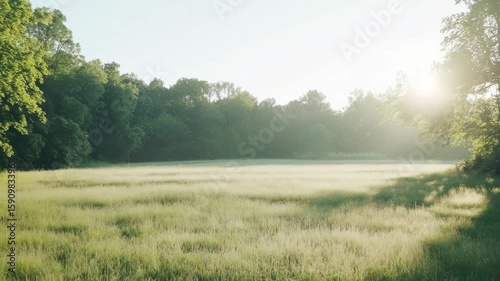 Wallpaper Mural Serene landscape video with a wide-angle view of a sunlit meadow bordered by lush trees, capturing the tranquil beauty of nature at dawn. Live desktop wallpaper. Torontodigital.ca