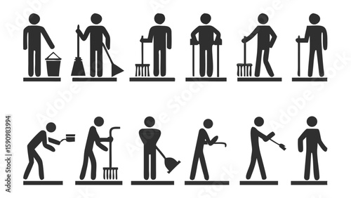 Pictogram Collection Depicting Cleaning and Maintenance Activities Featuring Silhouetted Figures in Various Poses with Cleaning Implements on a White Background