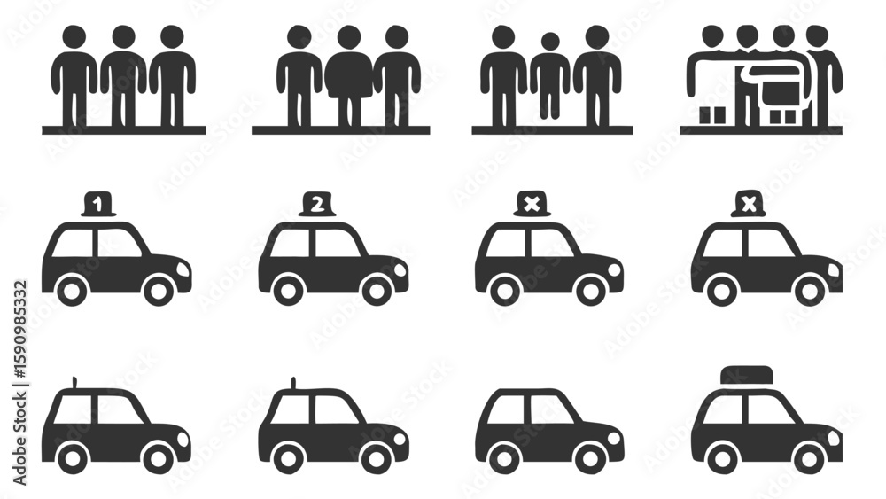 Naklejka premium Collection of Silhouette Icons Representing People, Luggage Handling, and Various Car Design with Car Top Components