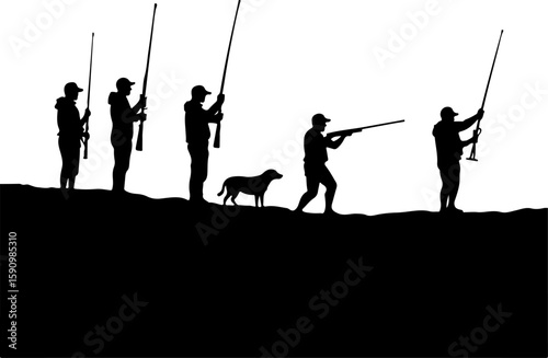 vector silhouette of fishing and hunting, silhouette, sport, vector, illustration, golf, people, fishing, ski, woman, winter, rope, skiing, balance, black, silhouettes, art, fisherman