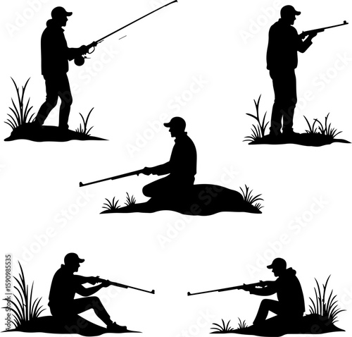 vector silhouette of fishing and hunting, silhouette, sport, vector, illustration, golf, people, fishing, ski, woman, winter, rope, skiing, balance, black, silhouettes, art, fisherman