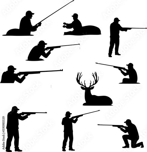 vector silhouette of fishing and hunting, silhouette, sport, vector, illustration, golf, people, fishing, ski, woman, winter, rope, skiing, balance, black, silhouettes, art, fisherman