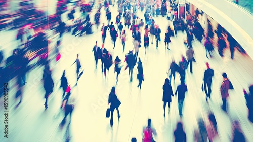 A blurry crowd of business people in a large, bright business hall. In a bright business hall, a blurry crowd of professionals engages in animated conversations and networking activities.