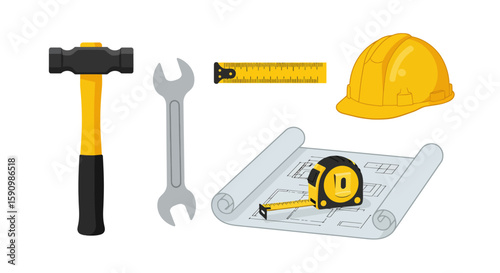 Collection of construction tools including a sledgehammer, wrench, measuring tape, hard hat, and blueprint for building projects.
