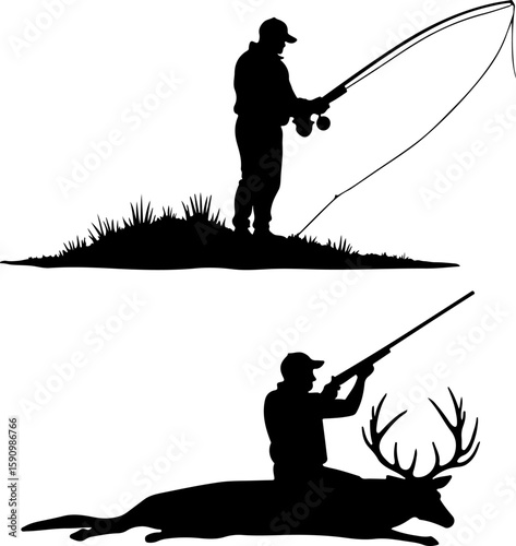 vector silhouette of fishing and hunting, silhouette, sport, vector, illustration, golf, people, fishing, ski, woman, winter, rope, skiing, balance, black, silhouettes, art, fisherman