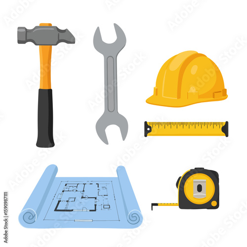 A vibrant collection of essential construction and building tools, including a hammer, wrench, hard hat, and blueprint, depicted in a clean vector illustration style.