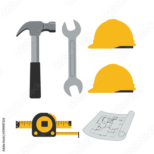 An isometric illustration set displays essential building and construction materials such as wood planks, concrete blocks, metal pipes, and various nails.