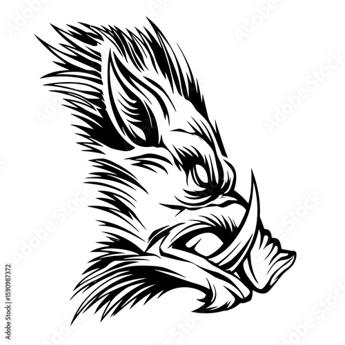 vector illustration of fierce beast demon tattoo stencil monochrome