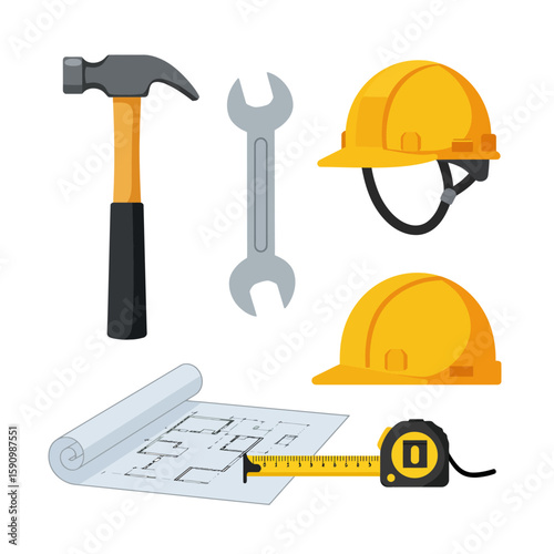 An isometric illustration set displays essential building and construction materials such as wood planks, concrete blocks, metal pipes, and various nails.