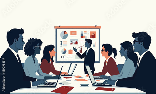 Businesspeople in an office engaged in a collaborative meeting and discussion around a table