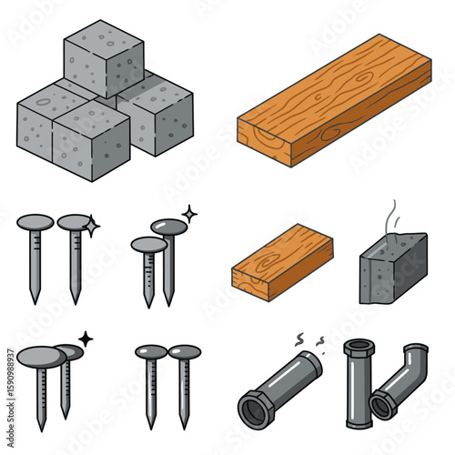 Collection of construction materials including concrete blocks, wooden planks, nails, and pipes, presented in a clean isometric illustration style.