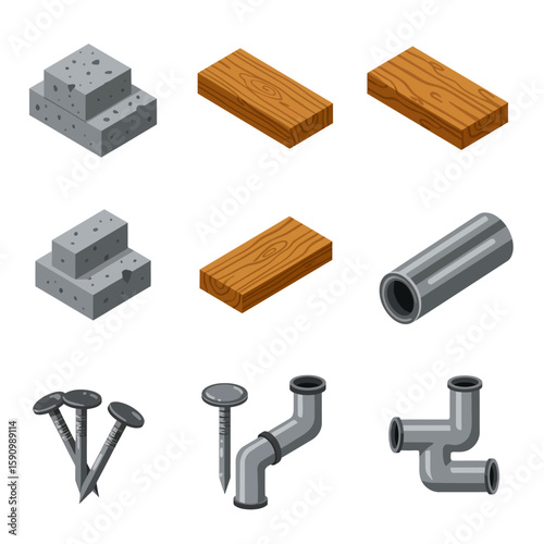 Isometric illustration showcasing various building materials including concrete blocks, wooden planks, metal pipes, and nails, ideal for construction or DIY themed projects.