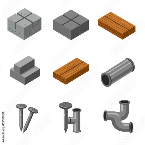 Collection of isometric building materials and construction elements including concrete blocks, wood planks, nails, and pipes.