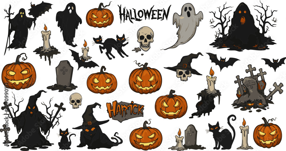 Fototapeta premium This vector set features a spooky array of Halloween icons, including pumpkins, bats, ghosts, and witches, perfect for your holiday designs
