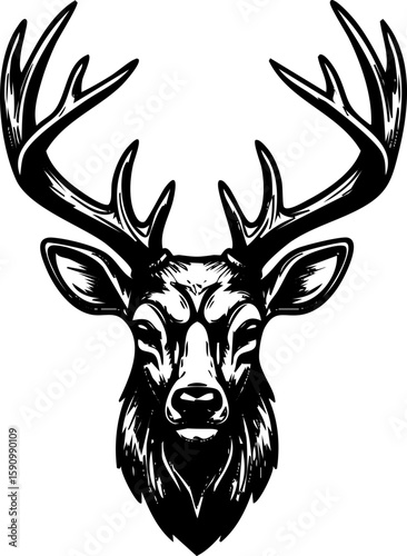Vector silhouette of a wild deer head with prominent antlers, ideal for nature and Christmas illustrations