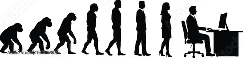 Evolution of man to office worker silhouette, human development timeline, ape to businessman progression, modern work life vector concept illustrationEvolution of man to office worker  