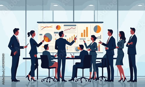 A silhouette vector illustration depicts a diverse group of business people, a team of men and women in suits, communicating and working together at an office table