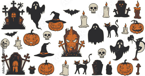 This vector set features a spooky array of Halloween icons, including pumpkins, bats, ghosts, and witches, perfect for your holiday designs