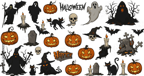 This vector set features a spooky array of Halloween icons, including pumpkins, bats, ghosts, and witches, perfect for your holiday designs