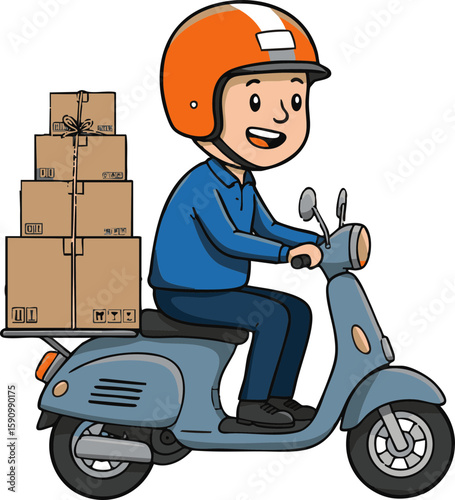 Cartoon illustration of a delivery man on a scooter with a parcel, swiftly riding a motorbike to transport food