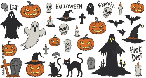 This vector set features a spooky array of Halloween icons, including pumpkins, bats, ghosts, and witches, perfect for your holiday designs