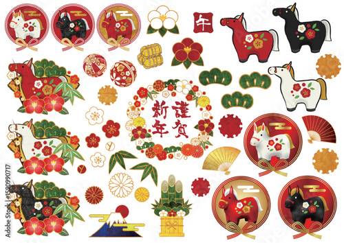 午年年賀状アイコンセット、イラスト、かわいい、お正月