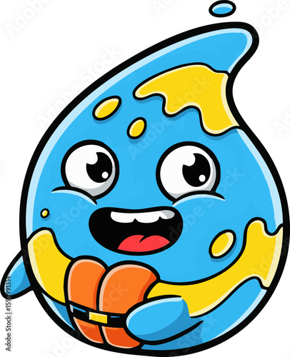 Funny blue bird cartoon vector illustration with a happy smiling face and a ball