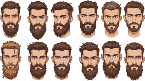 Collection of diverse cartoon men's faces with various funny expressions, hairstyles, and accessories like glasses, mustaches, and beards