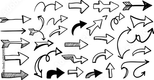 A vector collection of arrow icons for web design, showing direction with various black pointers, next buttons, and 3D paper elements