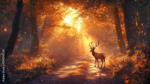 Autumnal forest path with deer. Sunlight streams through vibrant fall foliage, illuminating a serene forest path. A majestic deer stands poised in the center, bathed in golden light