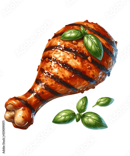 Grilled Chicken Drumstick with Basil Isolated on White Background Illustration