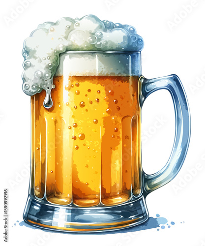 Artistic Beer Mug with Foam and Amber Beer Splash Isolated on White Background