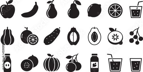 Apple banana pear lemon lime orange juice berries cherries bottle vector