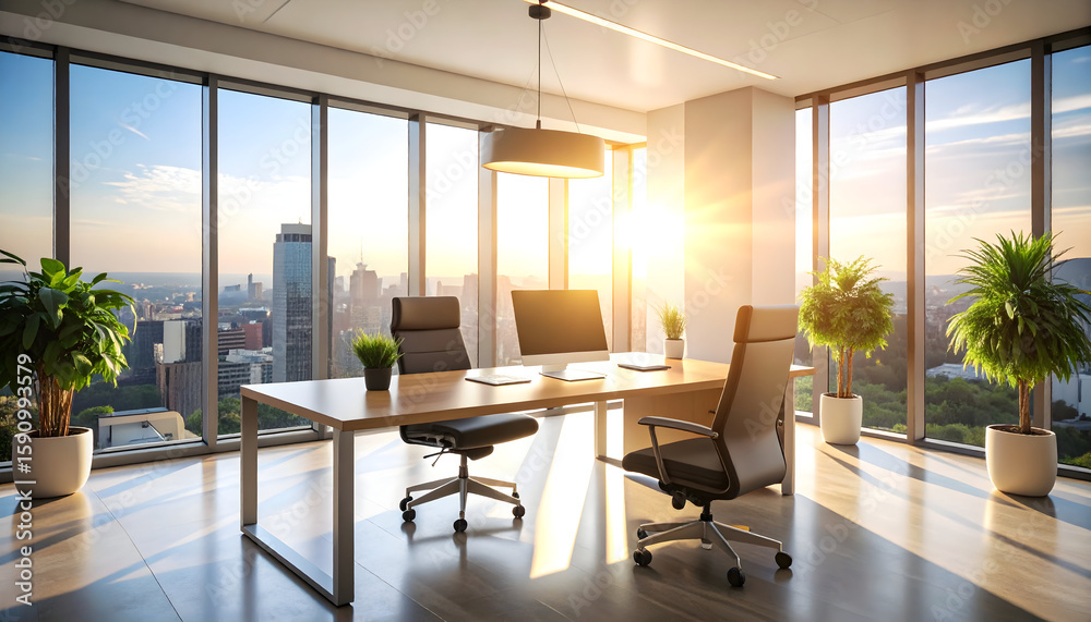 Fototapeta premium Modern Office with City Sunrise View