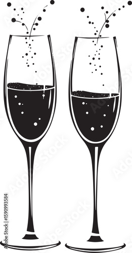 Two champagne glasses with bubbling liquid and splashes splashing celebratory