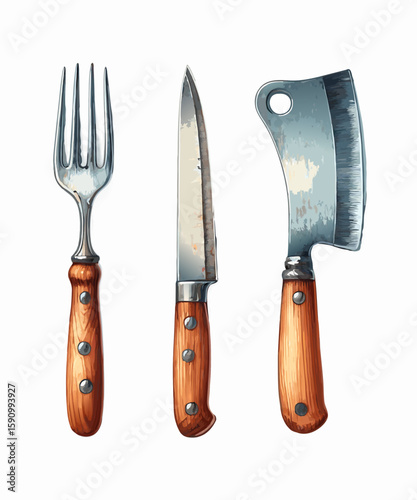 Vintage BBQ Cutlery Set with Wooden Handles Illustration for Grilling