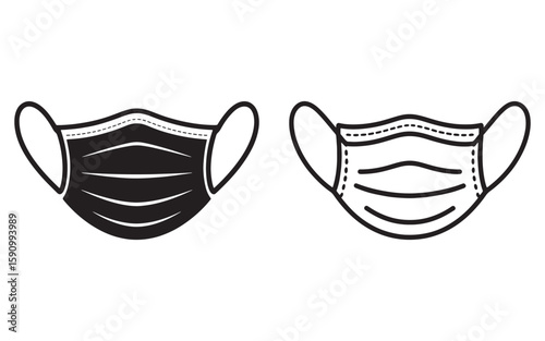 Protective Face Mask Icon Set Outlining Safety and Protection Against Viruses and Air Pollution Represented in Black and White