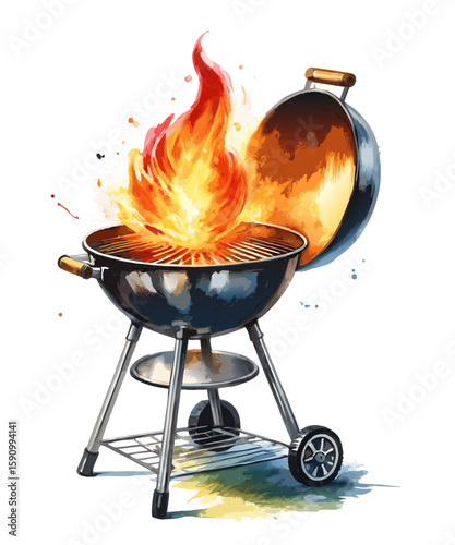 Charcoal Grill with Flaming Fire Illustration for Barbecue and Outdoor Cooking